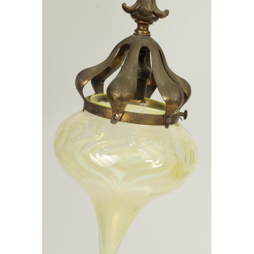 551 - AN ART NOUVEAU BRASS BENSON STYLE FOUR SHADE CEILING LIGHT with scrolling branchwork supporting five... 