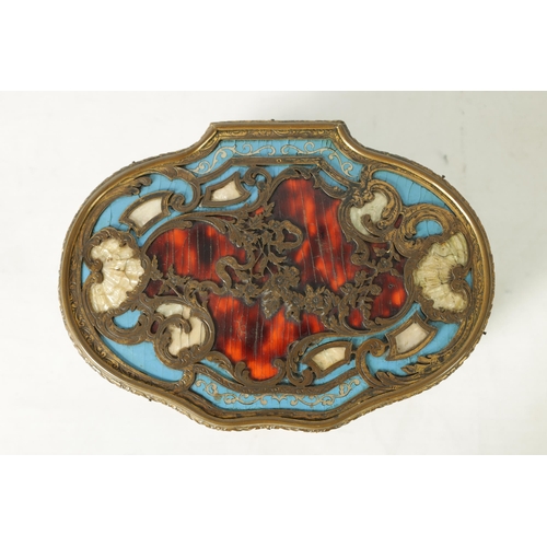 553 - A 19TH CENTURY FRENCH LACQUERWORK, TORTOISESHELL, MOTHER OF PEARL AND ORMOLU MOUNTED SHAPED TABLE CA... 