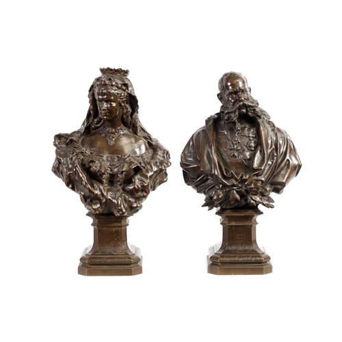 558 - A FINE PAIR OF 19TH CENTURY BRONZE BUSTS OF FRAN JOSEPH OF AUSTRIA AND WIFE having brown patination ... 