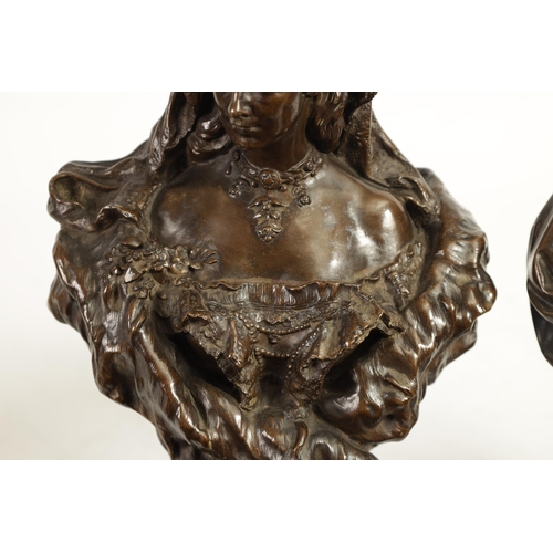 558 - A FINE PAIR OF 19TH CENTURY BRONZE BUSTS OF FRAN JOSEPH OF AUSTRIA AND WIFE having brown patination ... 