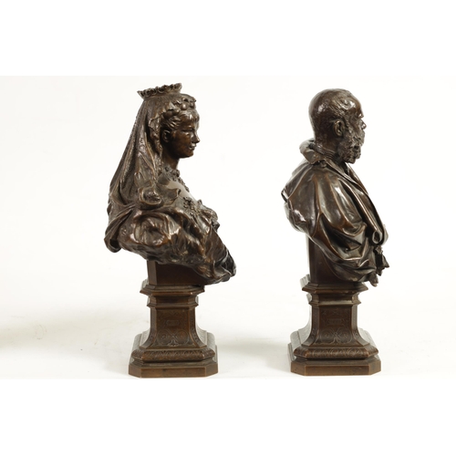 558 - A FINE PAIR OF 19TH CENTURY BRONZE BUSTS OF FRAN JOSEPH OF AUSTRIA AND WIFE having brown patination ... 