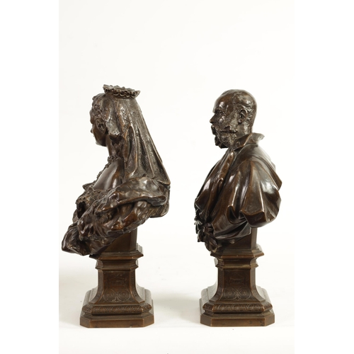 558 - A FINE PAIR OF 19TH CENTURY BRONZE BUSTS OF FRAN JOSEPH OF AUSTRIA AND WIFE having brown patination ... 