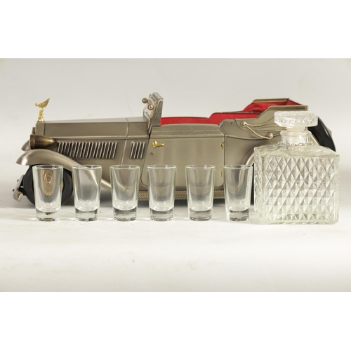 564 - A 20TH CENTURY NOVELTY ROLLS ROYCE TABLE LIQUEUR DECANTER SET fitted a square moulded decanter with ... 