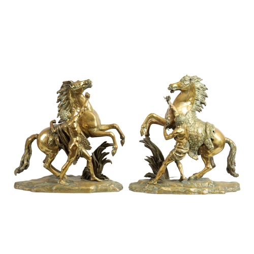 570 - A LARGE PAIR OF 19TH CENTURY GILT BRONZE MARLEY HORSES on naturalistic oval bases (54cm high)