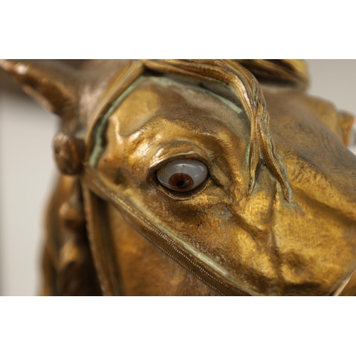 580 - MAISON ALPH GIROUX, PARIS (1799 - 1881). A 19TH CENTURY GILT BRONZE INKWELL FORMED AS A HORSES HEAD ... 