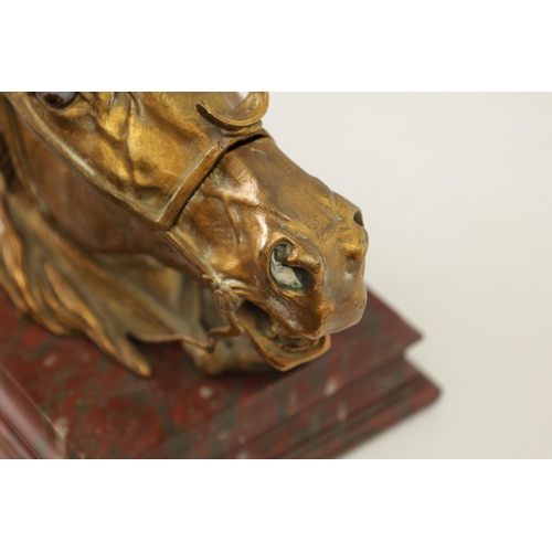 580 - MAISON ALPH GIROUX, PARIS (1799 - 1881). A 19TH CENTURY GILT BRONZE INKWELL FORMED AS A HORSES HEAD ... 