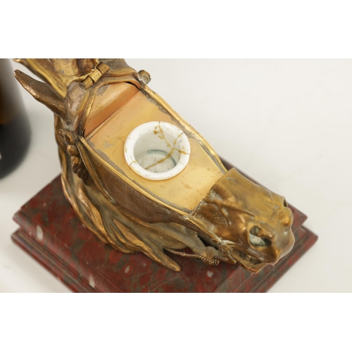 580 - MAISON ALPH GIROUX, PARIS (1799 - 1881). A 19TH CENTURY GILT BRONZE INKWELL FORMED AS A HORSES HEAD ... 