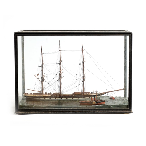 581 - A 19TH CENTURY SHIP'S DIORAMA modelled as a three-masted vessel in a painted sea and ebonised glazed... 