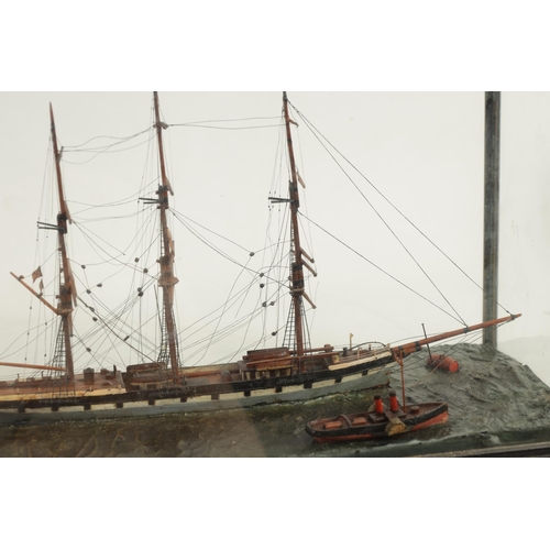 581 - A 19TH CENTURY SHIP'S DIORAMA modelled as a three-masted vessel in a painted sea and ebonised glazed... 