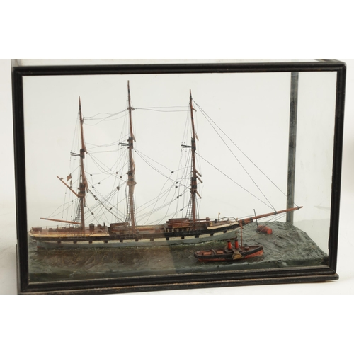 581 - A 19TH CENTURY SHIP'S DIORAMA modelled as a three-masted vessel in a painted sea and ebonised glazed... 