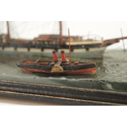 581 - A 19TH CENTURY SHIP'S DIORAMA modelled as a three-masted vessel in a painted sea and ebonised glazed... 