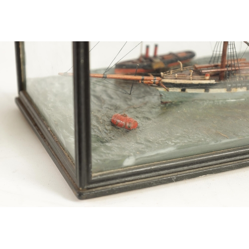 581 - A 19TH CENTURY SHIP'S DIORAMA modelled as a three-masted vessel in a painted sea and ebonised glazed... 