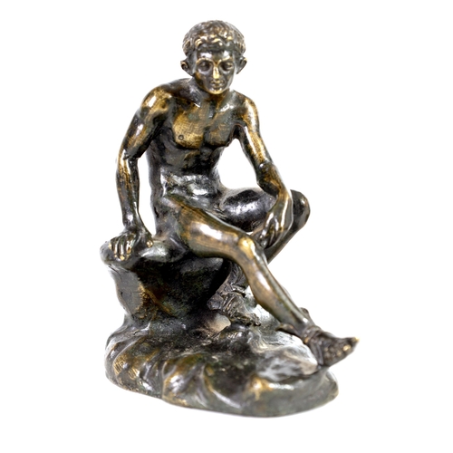 585 - A 19TH CENTURY FRENCH PATINATED BRONZE SCULPTURE OF MERCURY modelled seated on a rocky outcrop. (11c... 