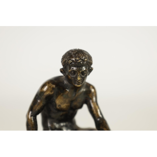 585 - A 19TH CENTURY FRENCH PATINATED BRONZE SCULPTURE OF MERCURY modelled seated on a rocky outcrop. (11c... 