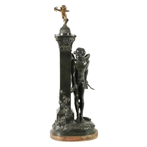 587 - AFTER PAUL PONSARD A 19TH CENTURY BRONZE SCULPTURE DEPICTING CUPID hiding next to a column on a natu... 