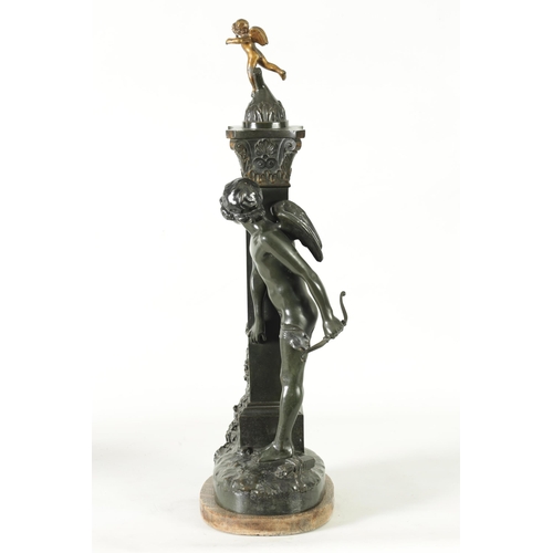 587 - AFTER PAUL PONSARD A 19TH CENTURY BRONZE SCULPTURE DEPICTING CUPID hiding next to a column on a natu... 