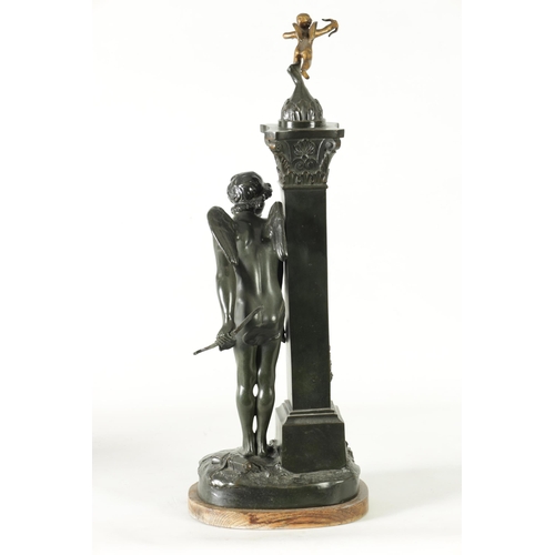 587 - AFTER PAUL PONSARD A 19TH CENTURY BRONZE SCULPTURE DEPICTING CUPID hiding next to a column on a natu... 