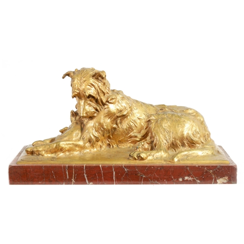 591 - CHARLES PAILLET (1871 - 1937). A LATE 19TH CENTURY GILT BRONZE SCULPTURE OF A RECUMBENT DOG WITH CAT... 