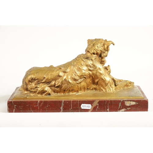 591 - CHARLES PAILLET (1871 - 1937). A LATE 19TH CENTURY GILT BRONZE SCULPTURE OF A RECUMBENT DOG WITH CAT... 