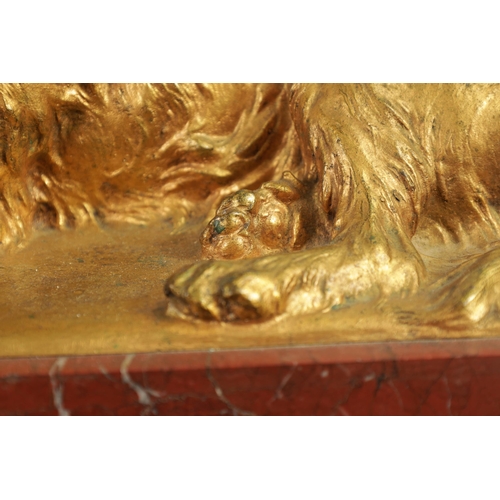 591 - CHARLES PAILLET (1871 - 1937). A LATE 19TH CENTURY GILT BRONZE SCULPTURE OF A RECUMBENT DOG WITH CAT... 