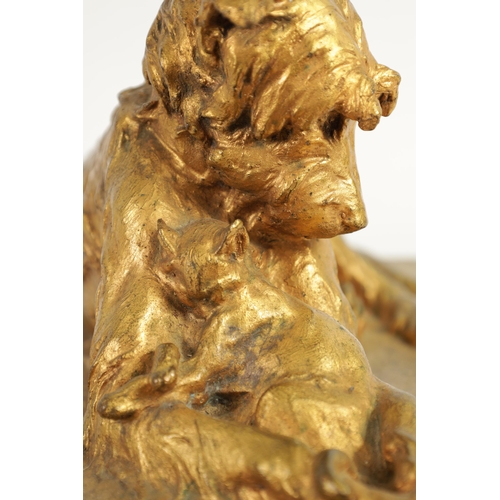 591 - CHARLES PAILLET (1871 - 1937). A LATE 19TH CENTURY GILT BRONZE SCULPTURE OF A RECUMBENT DOG WITH CAT... 