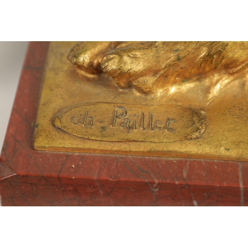 591 - CHARLES PAILLET (1871 - 1937). A LATE 19TH CENTURY GILT BRONZE SCULPTURE OF A RECUMBENT DOG WITH CAT... 