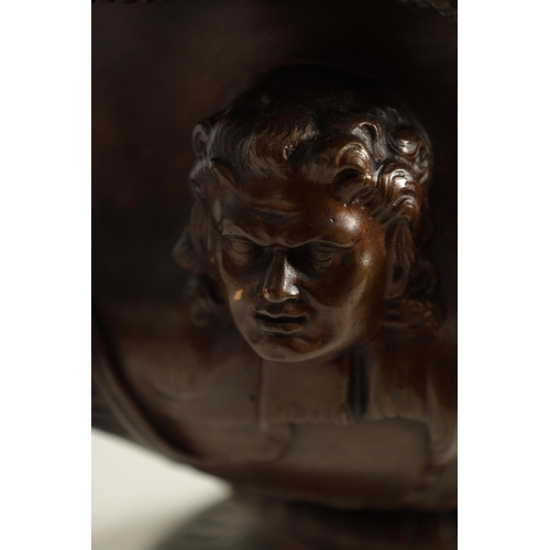 592 - A LARGE LATE 19TH CENTURY PATINATED BRONZE WARWICK VASE BY THE BARBEDIENNE FOUNDRY with masked body ... 