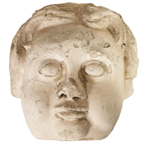 594 - AN 18TH/19TH CENTURY MOULDED PLASTER CHERUBS MASK HEAD with later fixed hanging bracket. (27cm high ... 