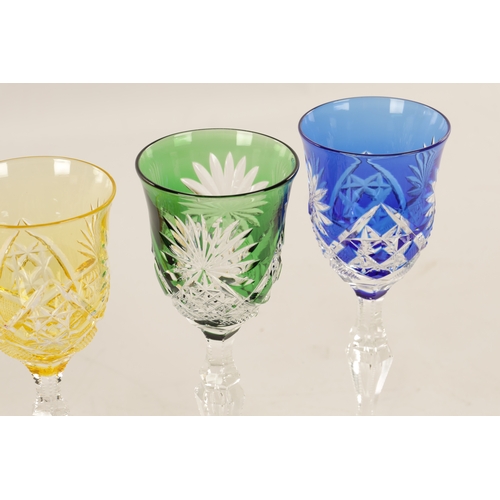 2 - A SET OF EIGHT 20TH CENTURY COLOURED CUT GLASS WINE GLASSES having various coloured glass bowls with... 
