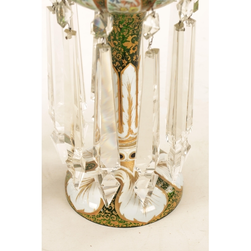 12 - A GOOD PAIR OF 19TH-CENTURY BOHEMIAN WHITE OVERLAY AND GILT-DECORATED GREEN GLASS LUSTRES the cut se... 