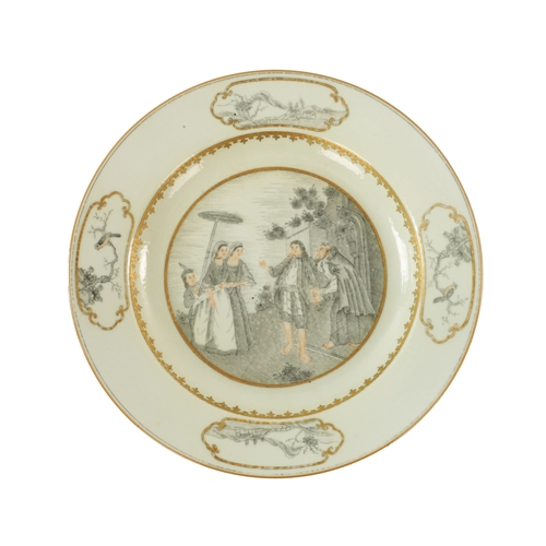 124 - AN 18TH CENTURY QIANLONG CHINESE EXPORT PORCELAIN GRISAILLE DECORATED PLATE depicting from the etchi... 