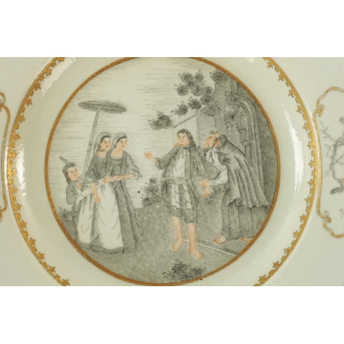 124 - AN 18TH CENTURY QIANLONG CHINESE EXPORT PORCELAIN GRISAILLE DECORATED PLATE depicting from the etchi... 