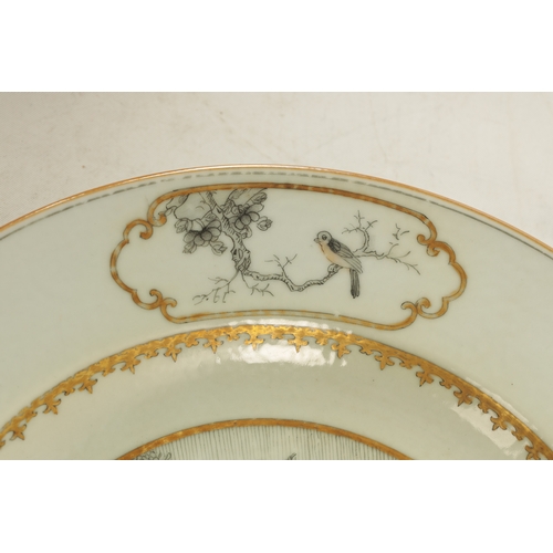 124 - AN 18TH CENTURY QIANLONG CHINESE EXPORT PORCELAIN GRISAILLE DECORATED PLATE depicting from the etchi... 