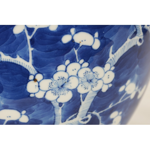 130 - A 19TH CENTURY CHINESE BLUE AND WHITE PORCELAIN GINGER JAR AND COVER decorated with Prunus Blossom -... 
