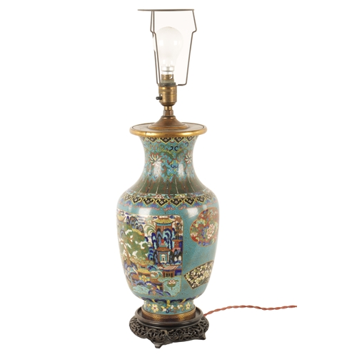 134 - A LATE 19TH/EARLY 20TH CENTURY CHINESE CLOISONNÉ VASE LAMP of multi coloured panelled design on a bl... 