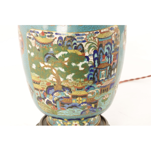 134 - A LATE 19TH/EARLY 20TH CENTURY CHINESE CLOISONNÉ VASE LAMP of multi coloured panelled design on a bl... 