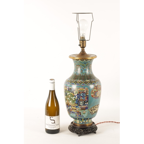 134 - A LATE 19TH/EARLY 20TH CENTURY CHINESE CLOISONNÉ VASE LAMP of multi coloured panelled design on a bl... 