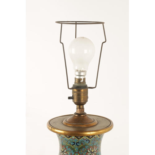 134 - A LATE 19TH/EARLY 20TH CENTURY CHINESE CLOISONNÉ VASE LAMP of multi coloured panelled design on a bl... 