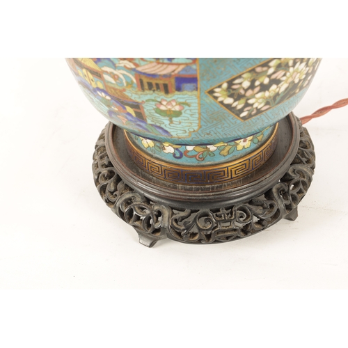 134 - A LATE 19TH/EARLY 20TH CENTURY CHINESE CLOISONNÉ VASE LAMP of multi coloured panelled design on a bl... 