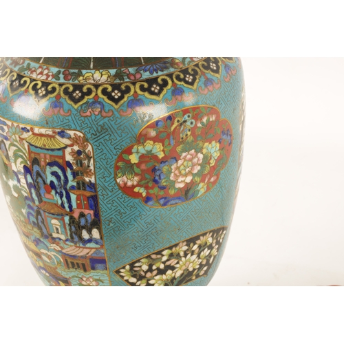 134 - A LATE 19TH/EARLY 20TH CENTURY CHINESE CLOISONNÉ VASE LAMP of multi coloured panelled design on a bl... 