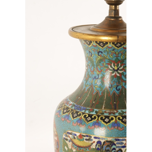 134 - A LATE 19TH/EARLY 20TH CENTURY CHINESE CLOISONNÉ VASE LAMP of multi coloured panelled design on a bl... 