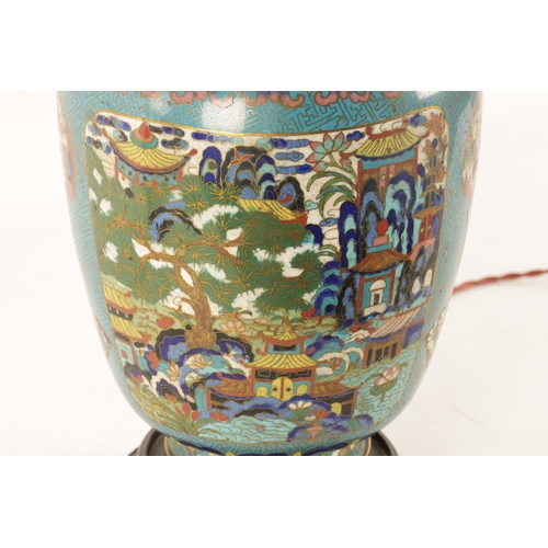 134 - A LATE 19TH/EARLY 20TH CENTURY CHINESE CLOISONNÉ VASE LAMP of multi coloured panelled design on a bl... 