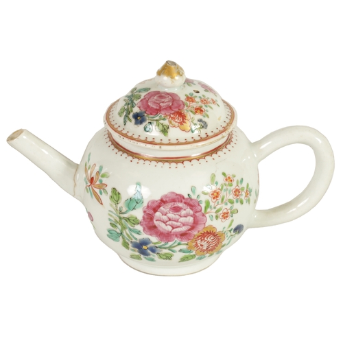 136 - AN 18TH CENTURY CHINESE FAMILLE ROSE TEAPOT of bulbous form decorated in bright enamel colours with ... 