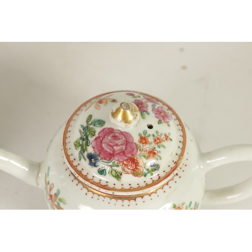 136 - AN 18TH CENTURY CHINESE FAMILLE ROSE TEAPOT of bulbous form decorated in bright enamel colours with ... 