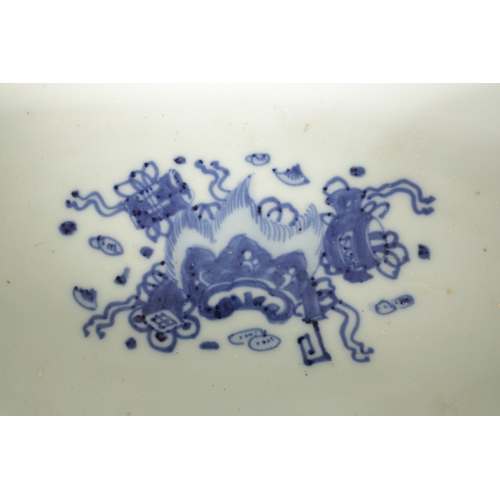 140 - A 19TH CENTURY CHINESE BLUE AND WHITE PORCELAIN BOAT-SHAPED DISH the top decorated with carp amongst... 