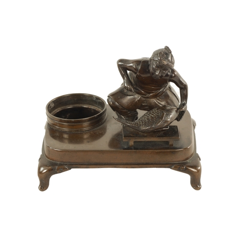 156 - A JAPANESE MEIJI PERIOD PATINATED BRONZE SCULPTURE Modelled as a fishmonger standing on a raised bas... 