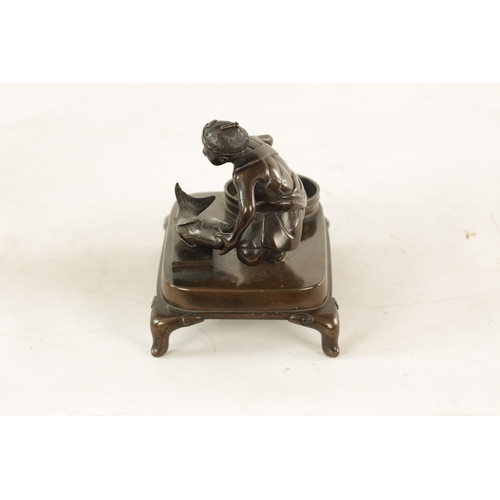 156 - A JAPANESE MEIJI PERIOD PATINATED BRONZE SCULPTURE Modelled as a fishmonger standing on a raised bas... 