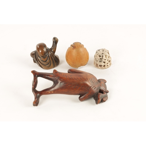 157 - AN ORIENTAL CARVED WOOD FIGURE, SEATED NETSUKE, SEATED CHINESE BRONZED FIGURE AND ANOTHER SMALL ORIE... 