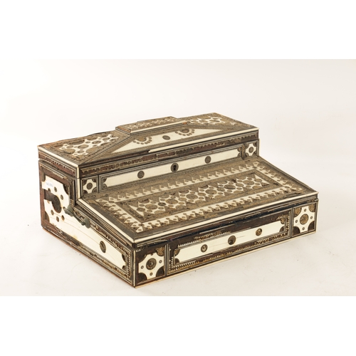 160 - A 19TH CENTURY ANGLO INDIAN SADELI MICRO MOSAIC INLAID CAMELBONE AND SANDALWOOD WRITING BOX IN NEED ... 