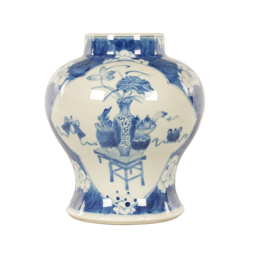 164 - A 19TH CENTURY CHINESE BLUE AND WHITE PORCELAIN BULBOUS VASE decorated with panelled interior scenes... 
